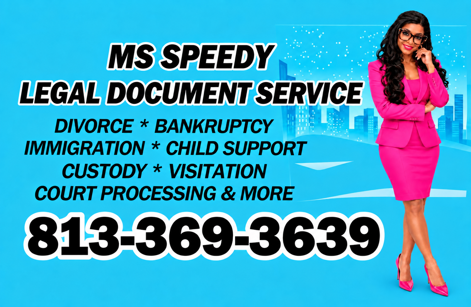 Ms Speedy Legal Document Service business banner with document services and phone number 813-369-3639